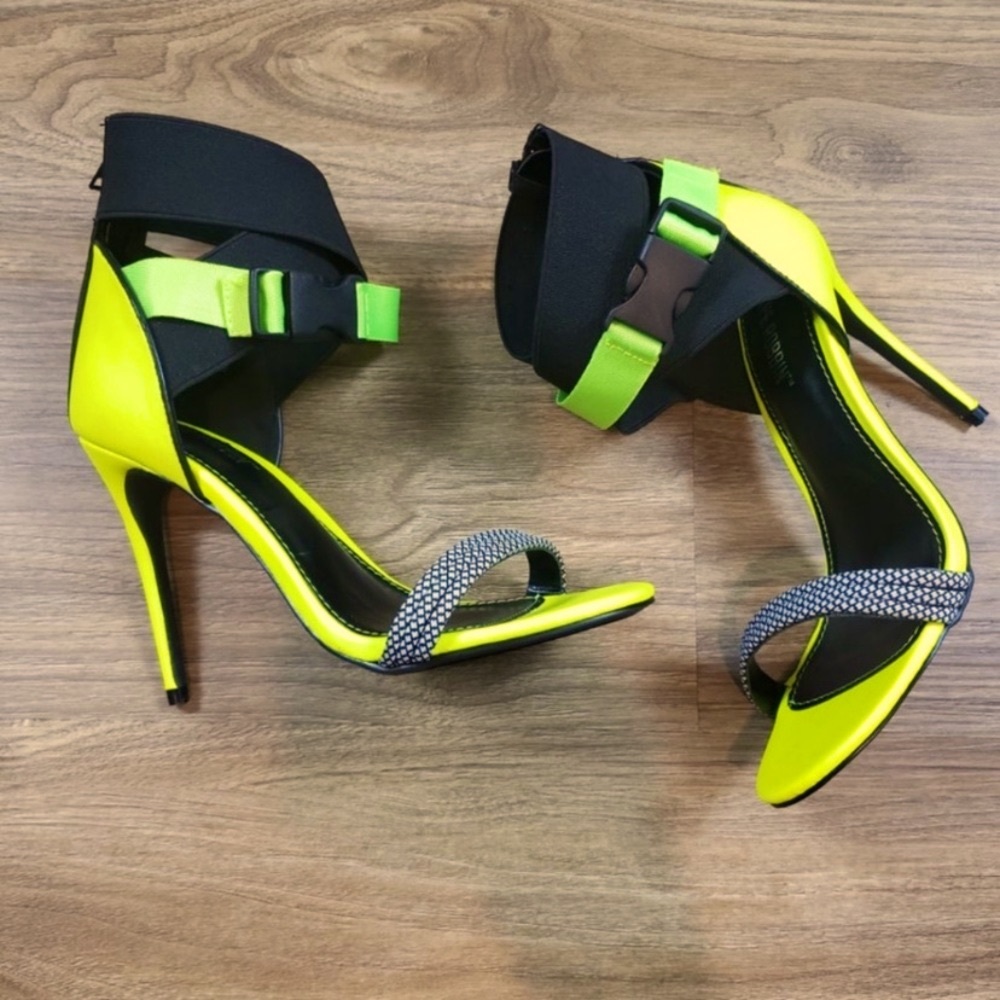 Cape Robbin Neon Yellow & Black Strappy High Heel Sandals